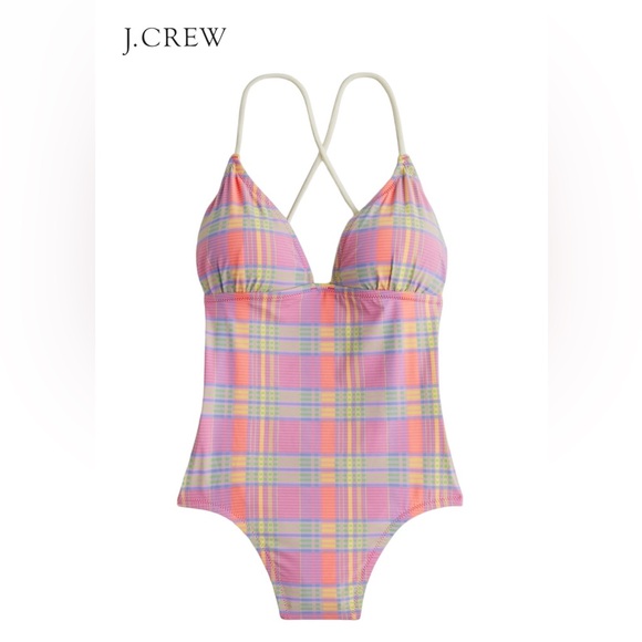 J. Crew Other - J. Crew NWT Strappy Cross-Back One Piece Swimsuit Sunset Plaid Size 20 Pink